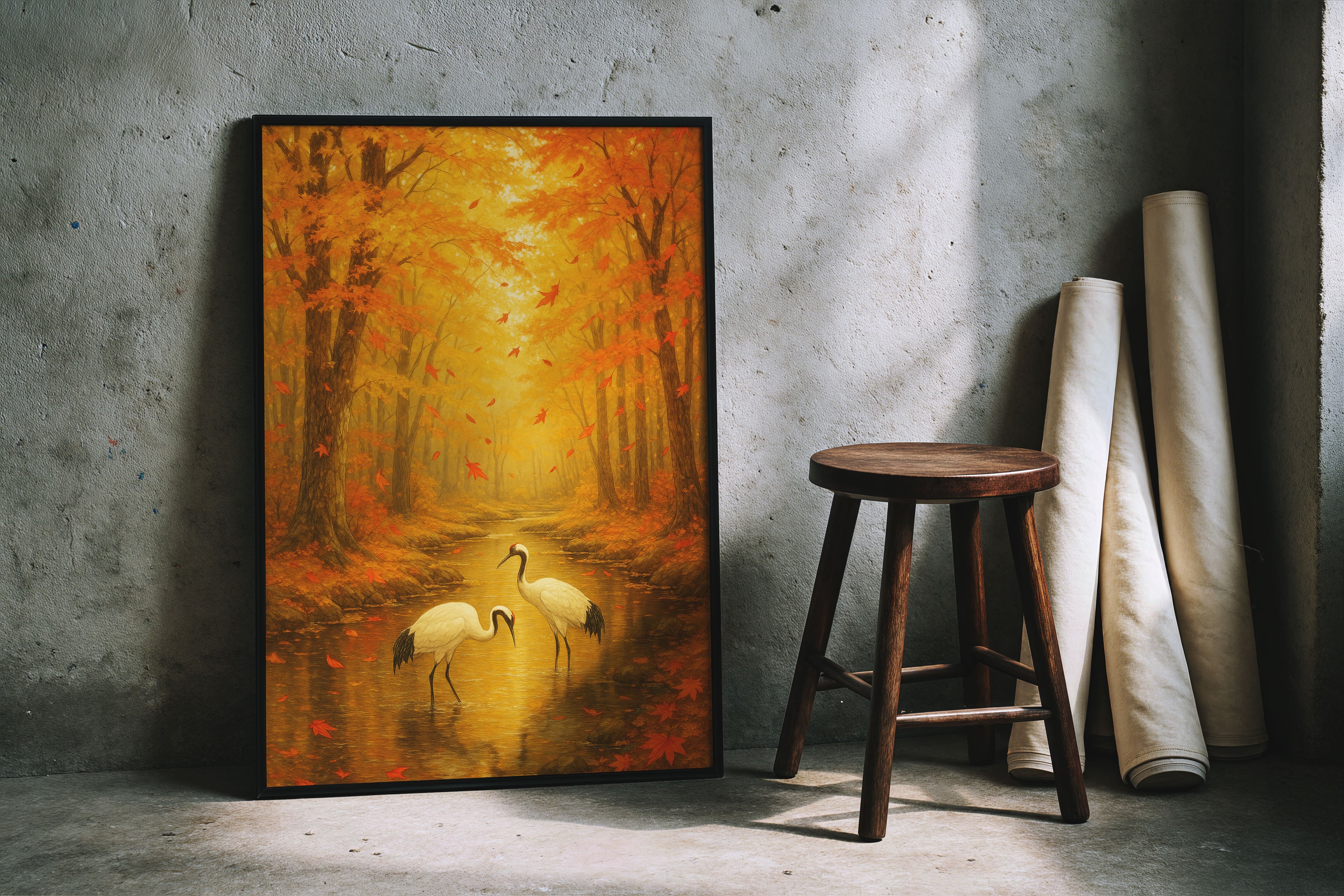 Golden Autumn Serenity – Japanischer Herbstwald mit Kranichen