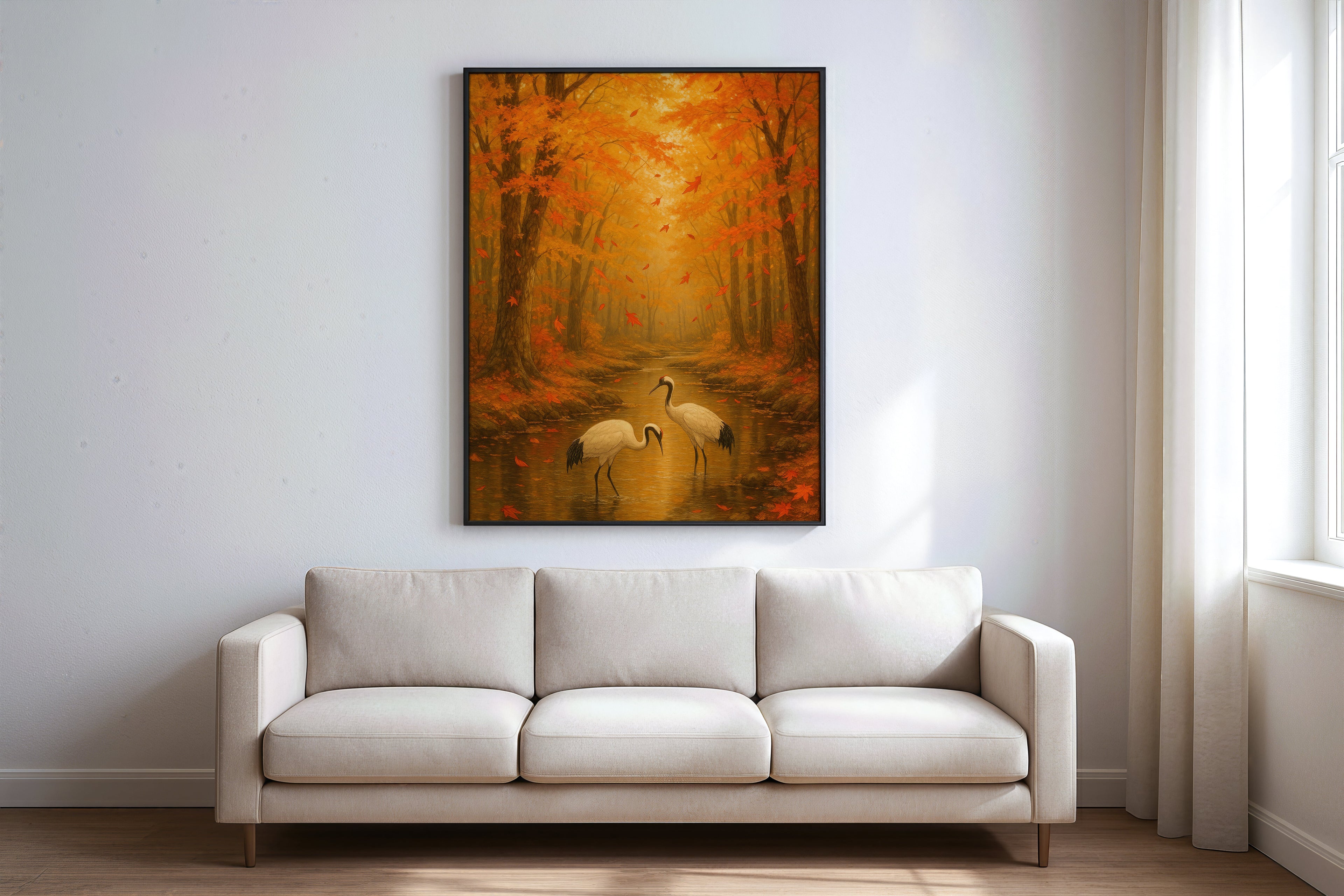 Golden Autumn Serenity – Japanischer Herbstwald mit Kranichen