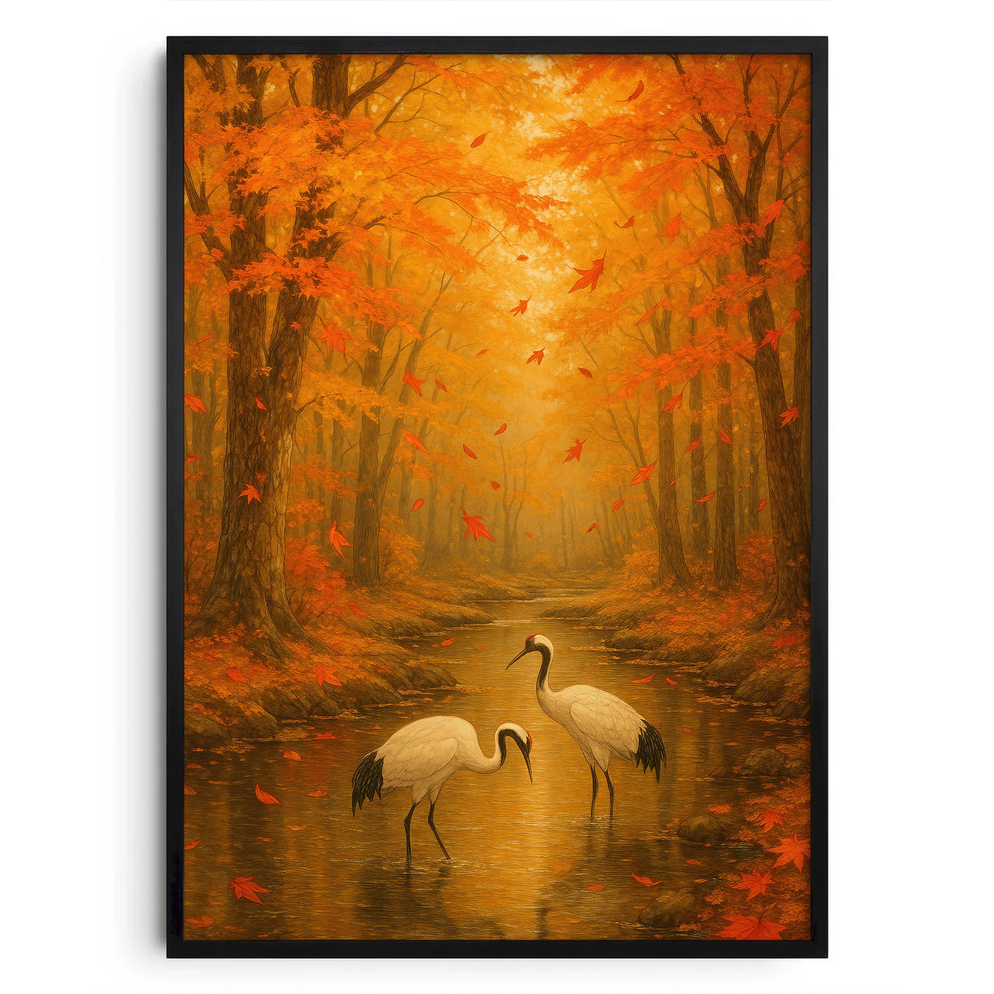 Golden Autumn Serenity – Japanischer Herbstwald mit Kranichen