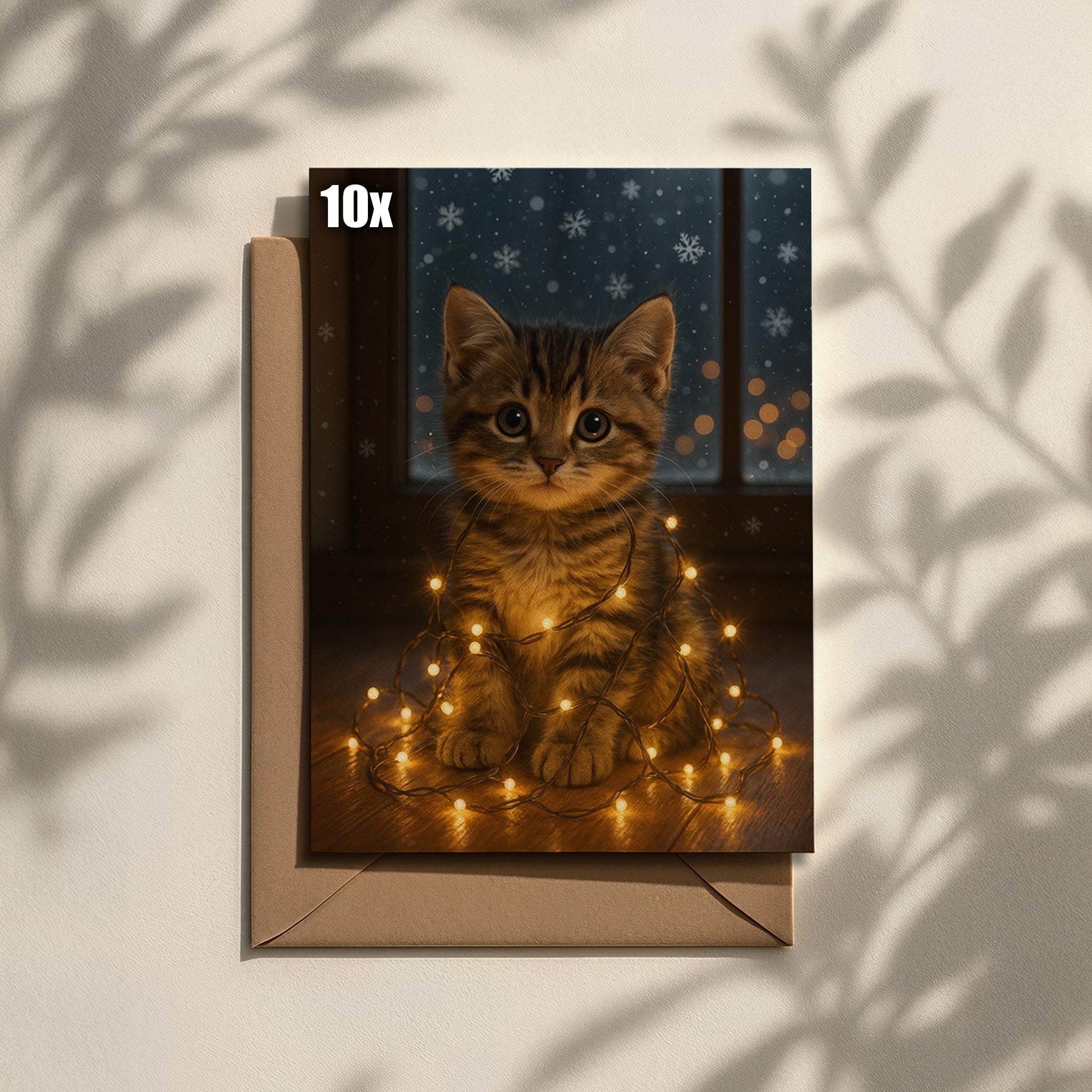 Weihnachtskarte mit süßem Kätzchen & Lichterkette