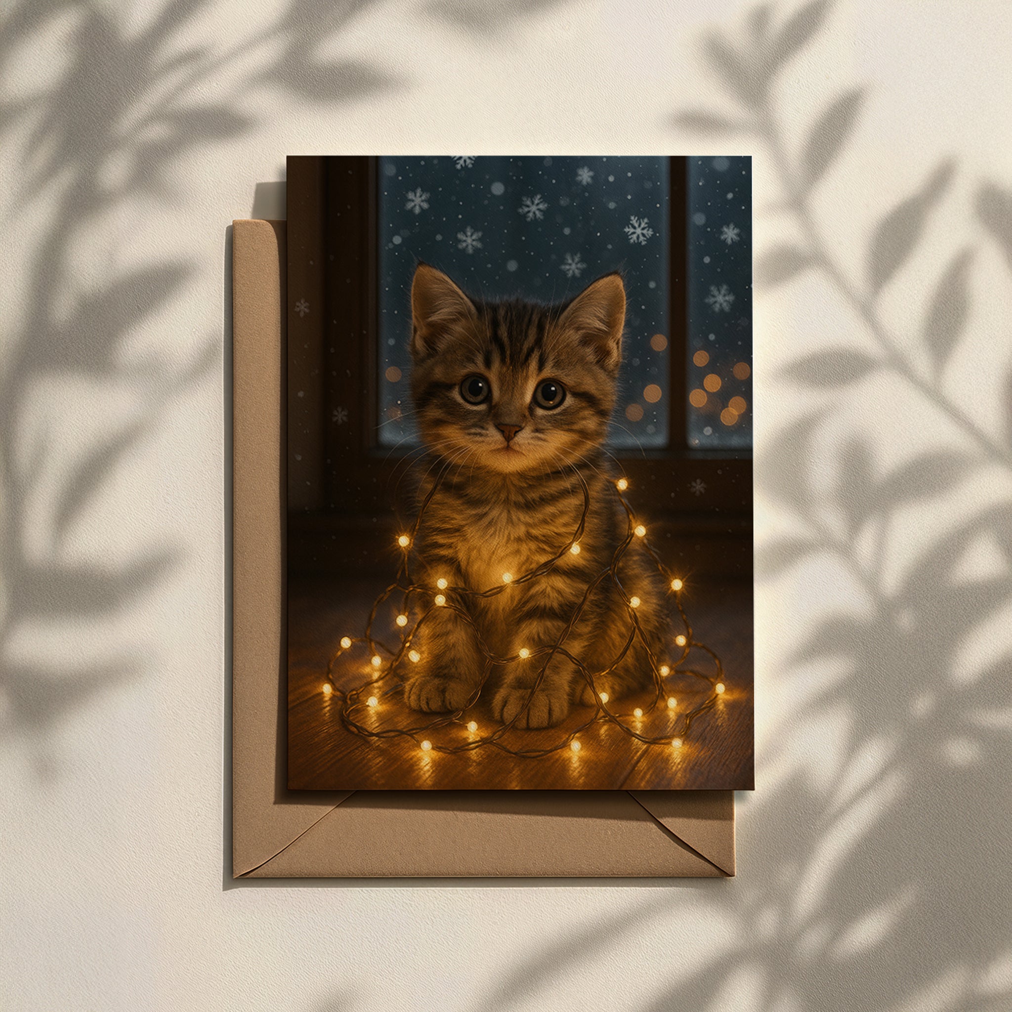 Weihnachtskarte mit süßem Kätzchen & Lichterkette