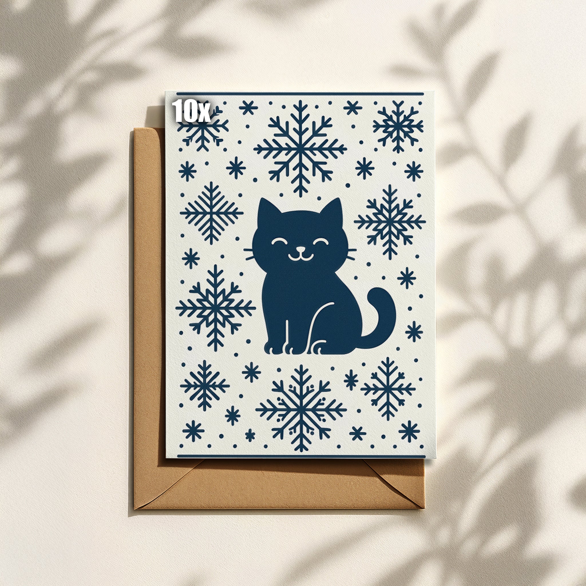 Minimalistische Weihnachtskarte mit Katze & Schneeflocken