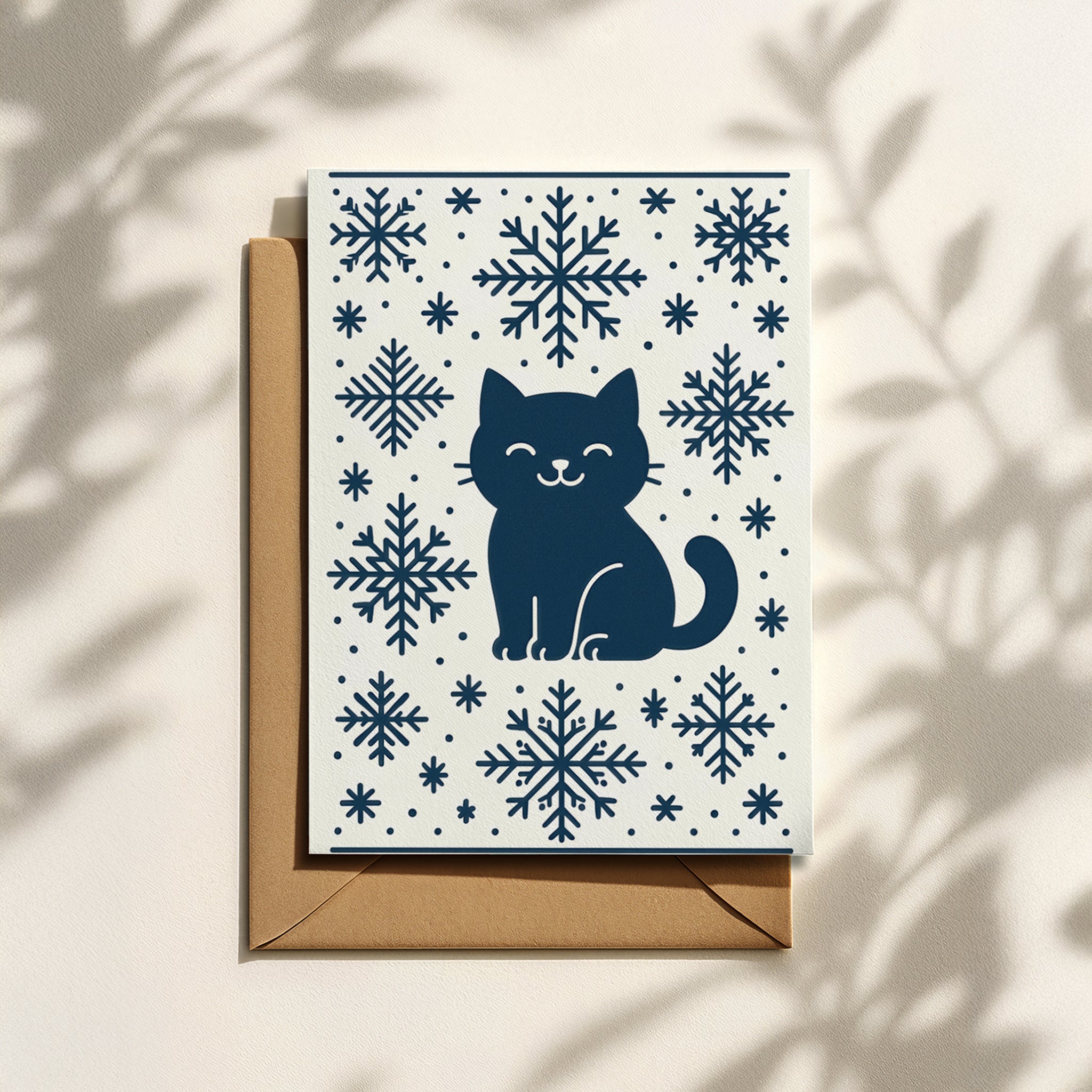 Minimalistische Weihnachtskarte mit Katze & Schneeflocken