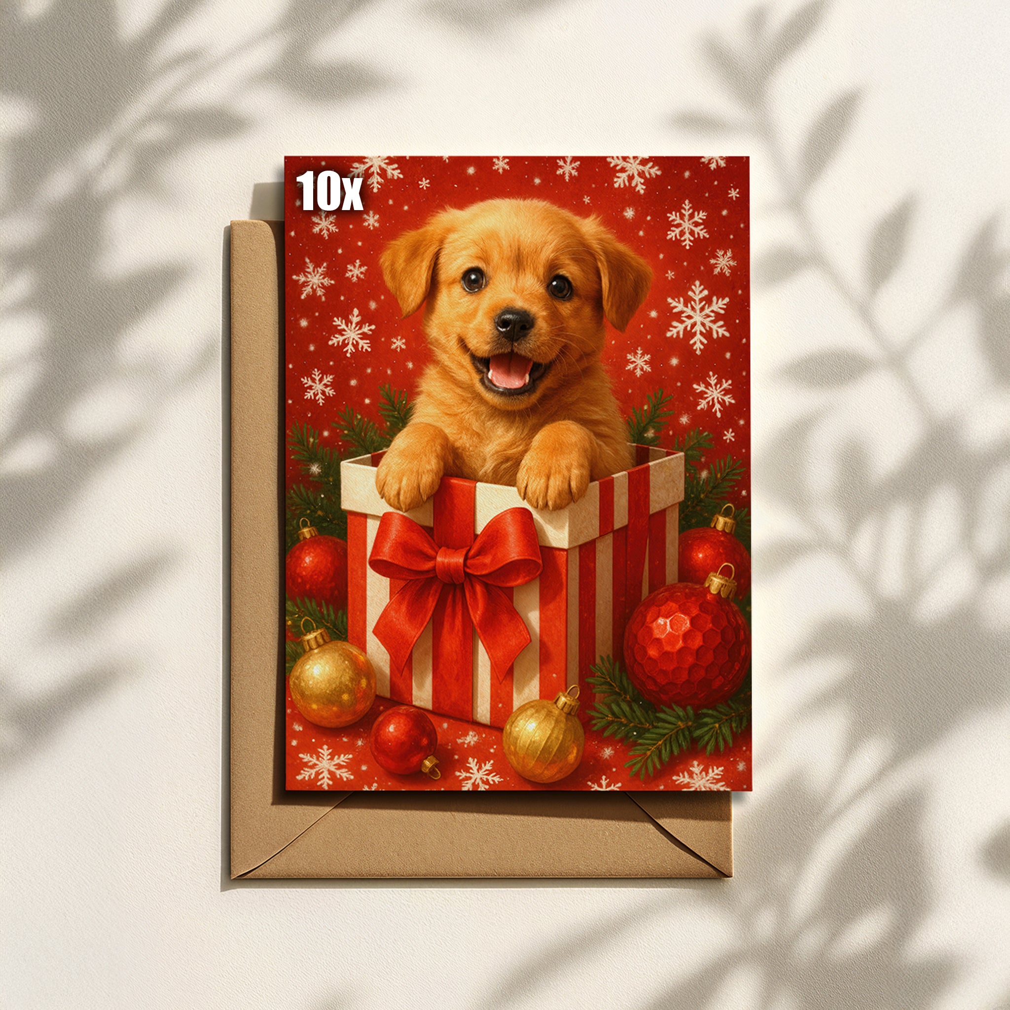 Weihnachtskarte mit süßem Welpen im Geschenk