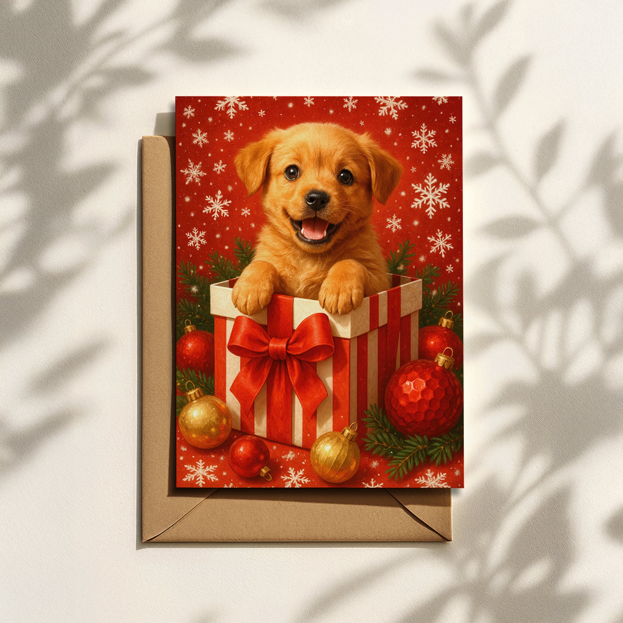 Weihnachtskarte mit süßem Welpen im Geschenk