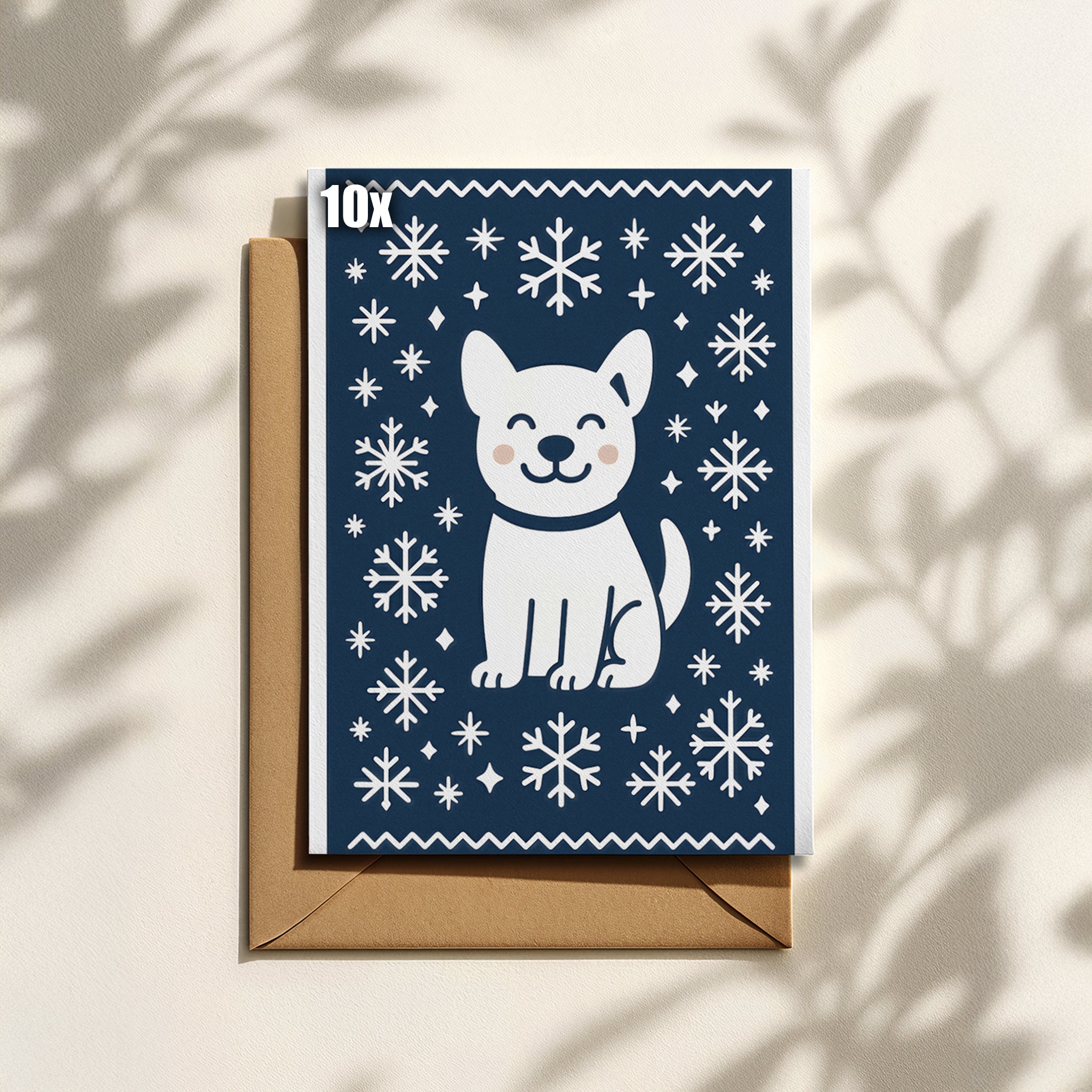 Minimalistische Weihnachtskarte mit Hund in Blau & Weiß