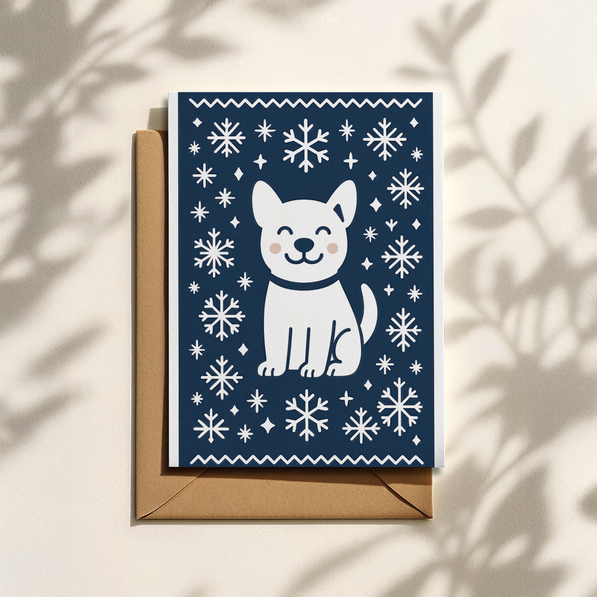 Minimalistische Weihnachtskarte mit Hund in Blau & Weiß