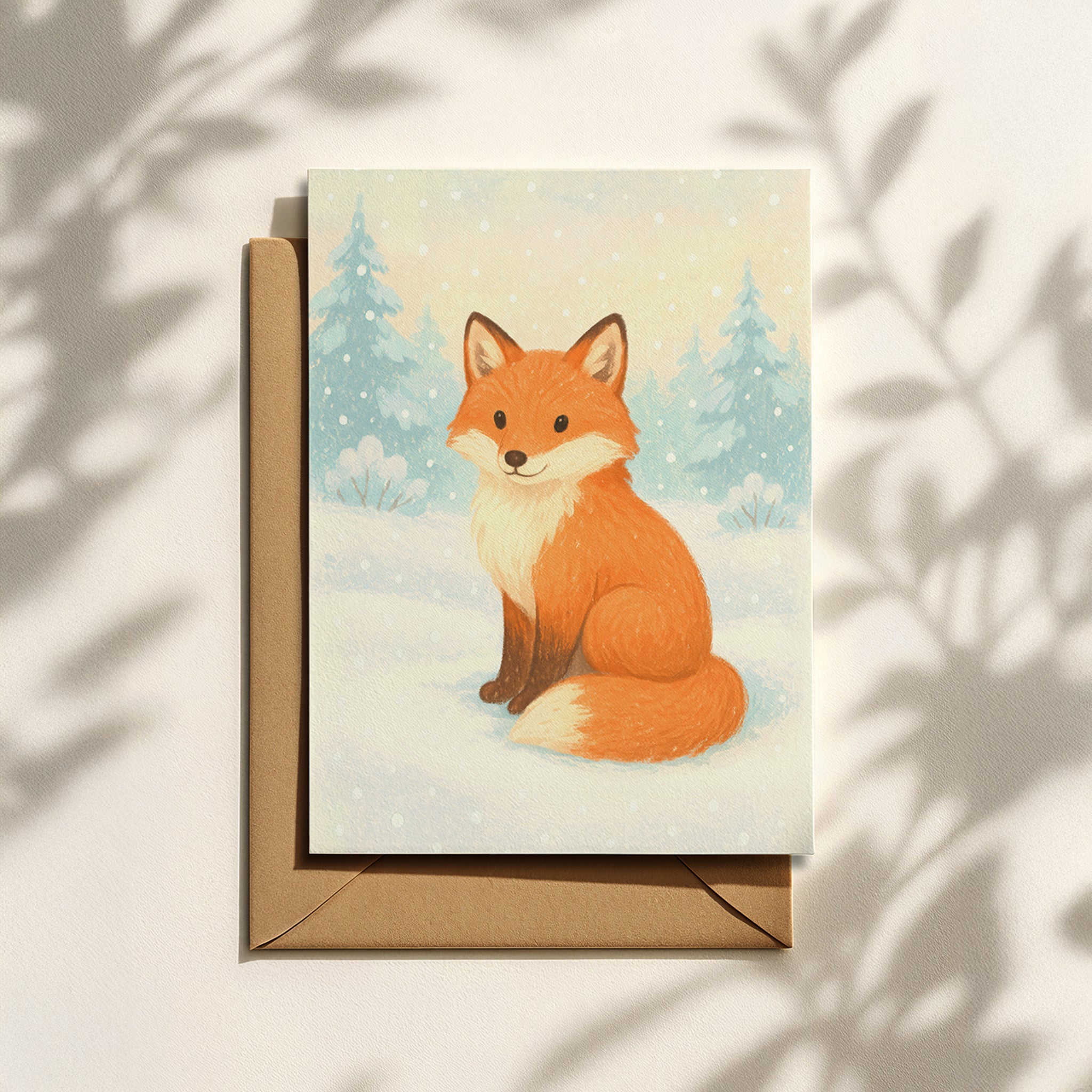 Winterliche Weihnachtskarte mit Fuchs im Schnee