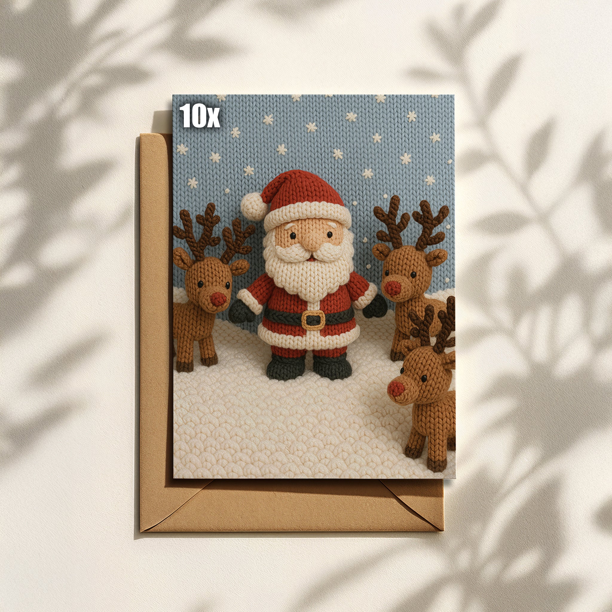 Weihnachtskarte mit gestricktem Weihnachtsmann & Rentieren