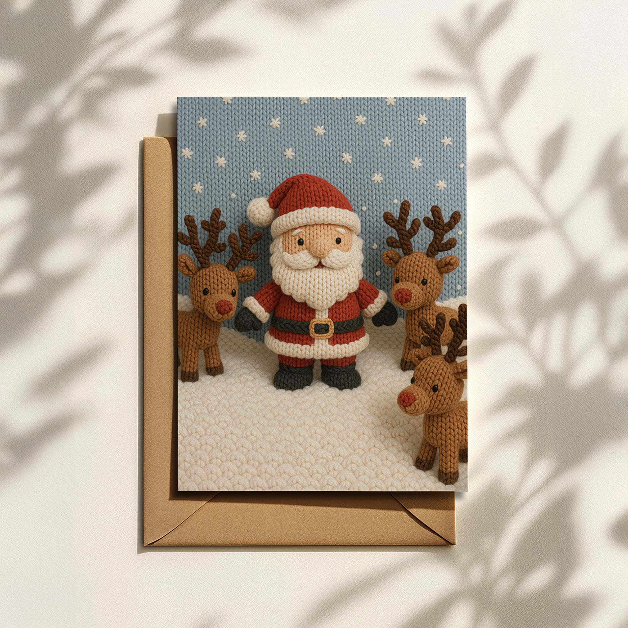 Weihnachtskarte mit gestricktem Weihnachtsmann & Rentieren