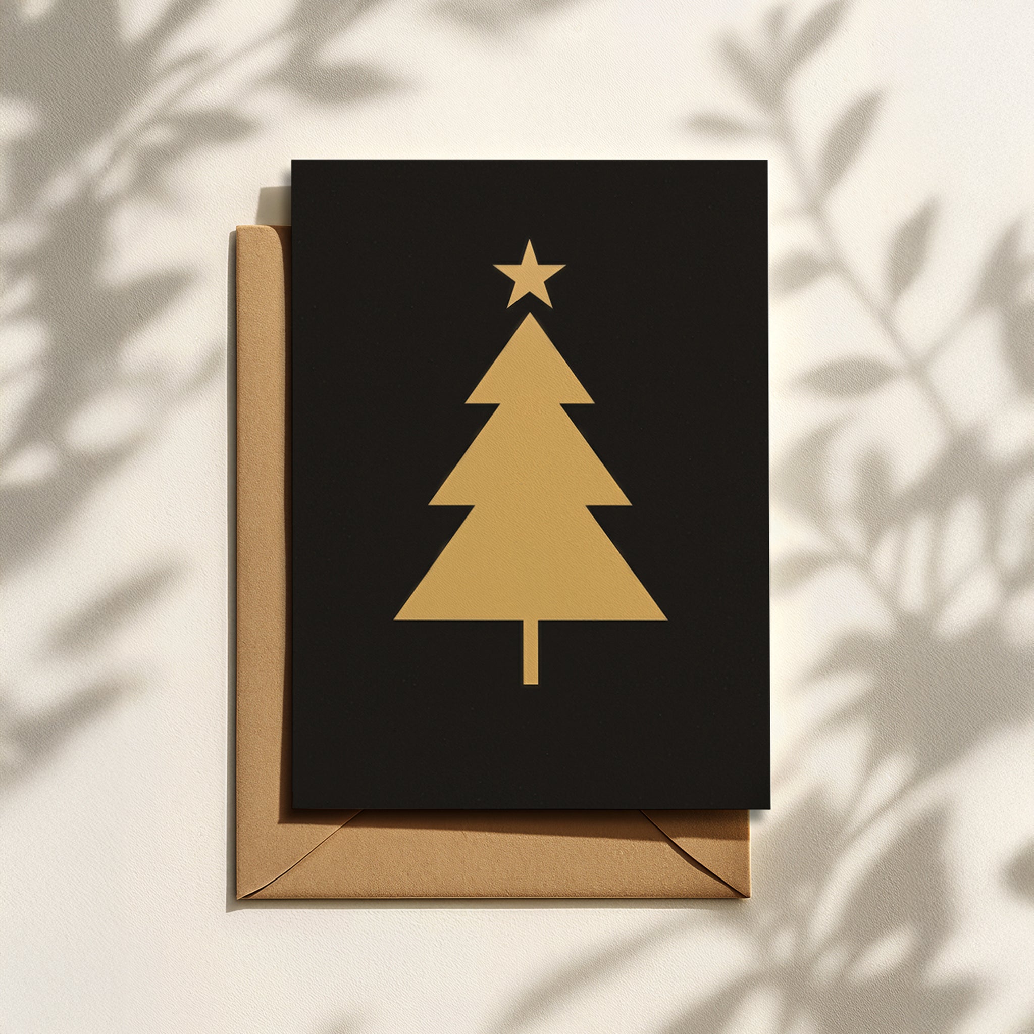 Minimalistische Weihnachtskarte mit goldenem Tannenbaum auf Schwarz