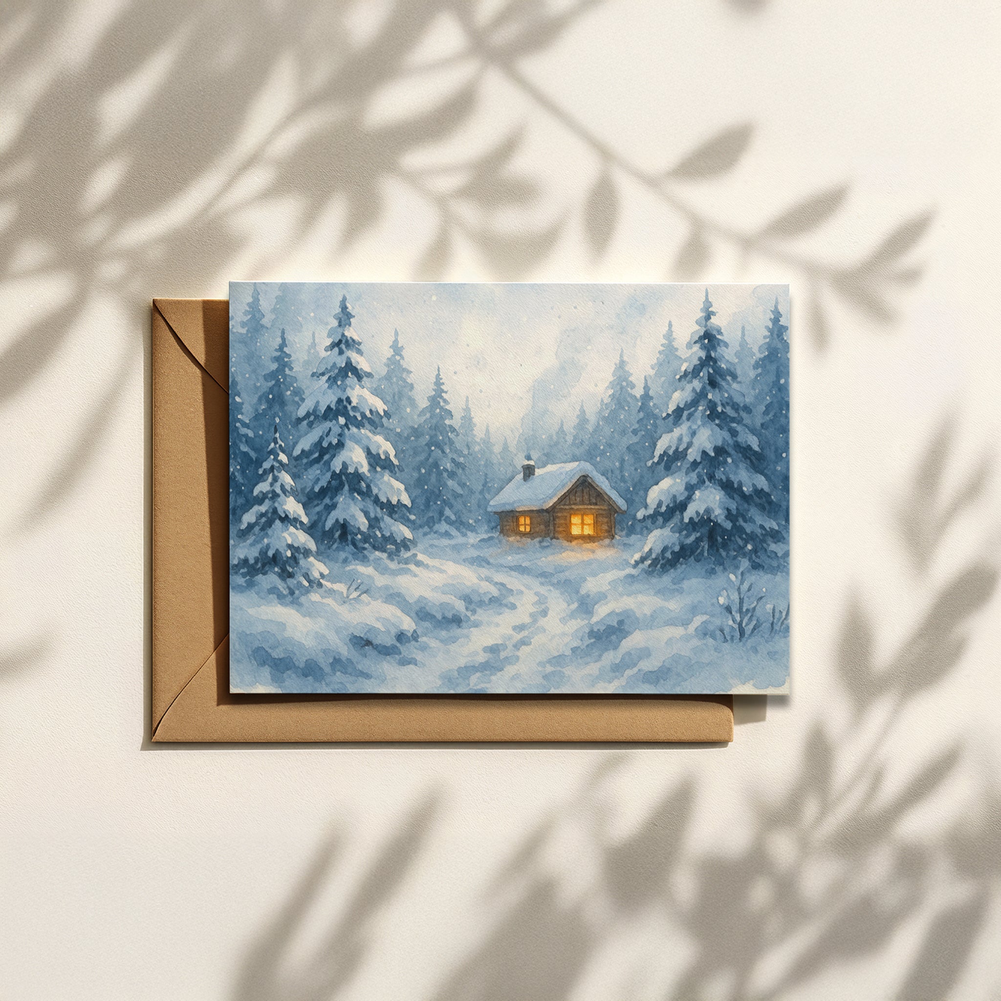 Winterliche Weihnachtskarte mit verschneiter Hütte im Wald