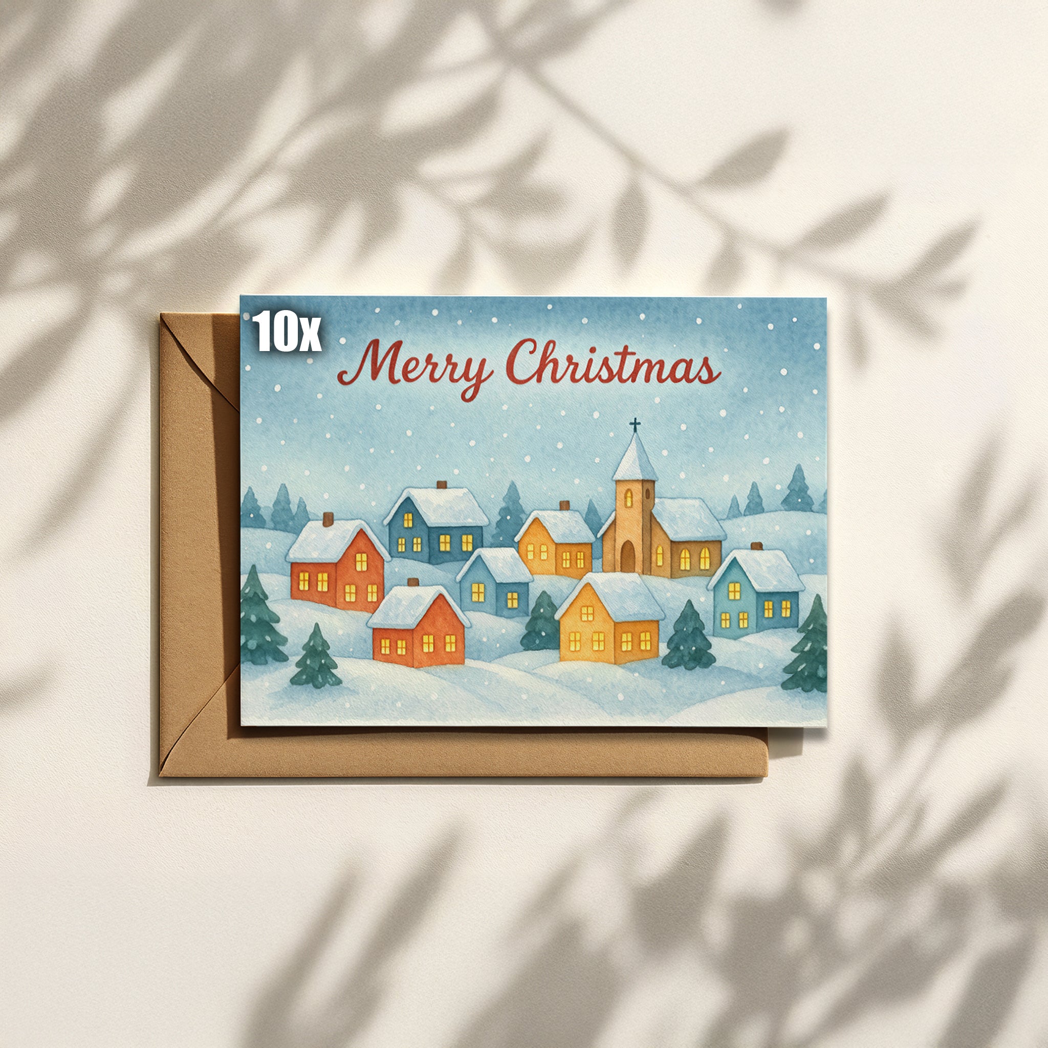 Weihnachtskarte mit verschneitem Dorf & „Merry Christmas“-Schriftzug