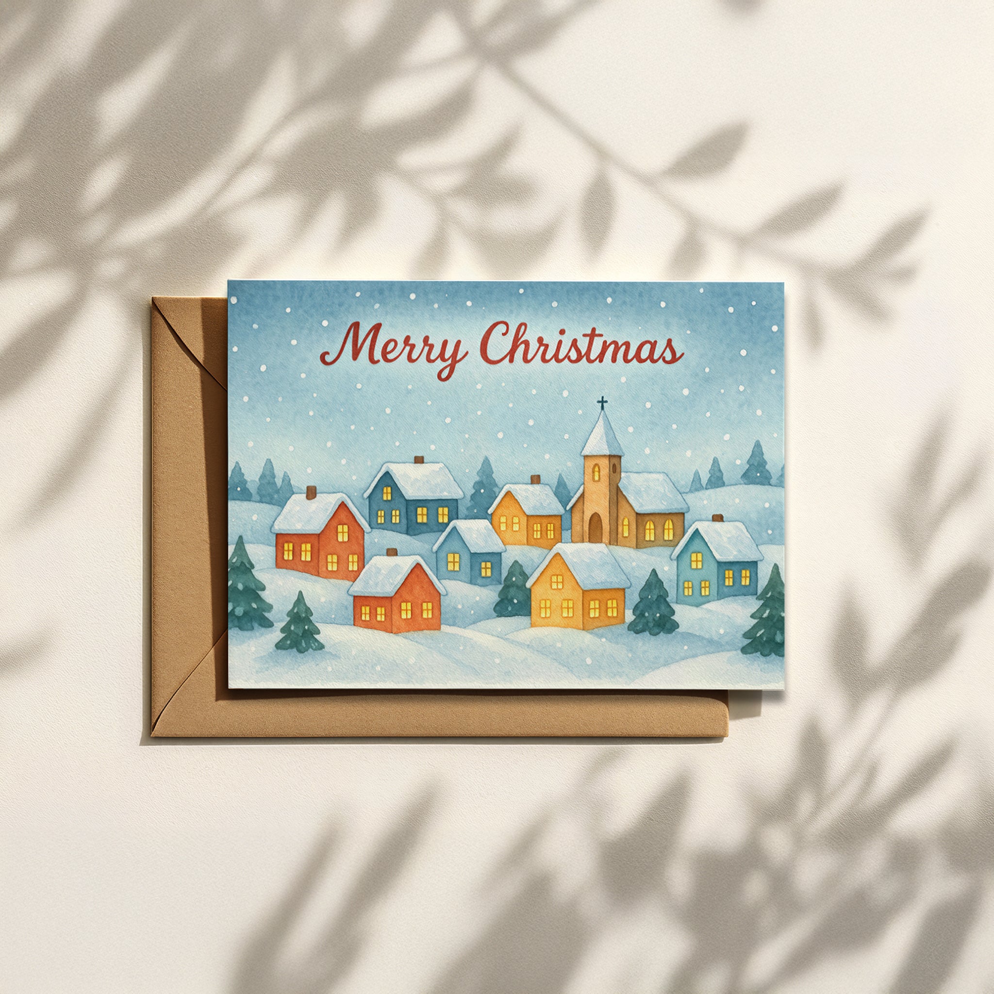 Weihnachtskarte mit verschneitem Dorf & „Merry Christmas“-Schriftzug